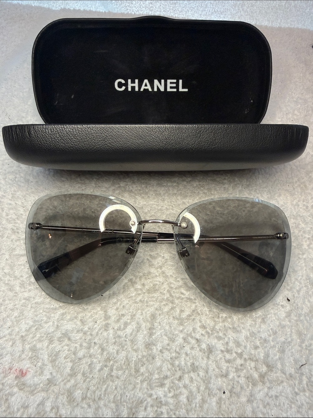 CHANEL Rimless Sunglasses 4239 Silver Frame Coco Mark Metal Accessory W/Case